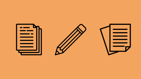 Illustration von Papierdokumenten und Stift in orange